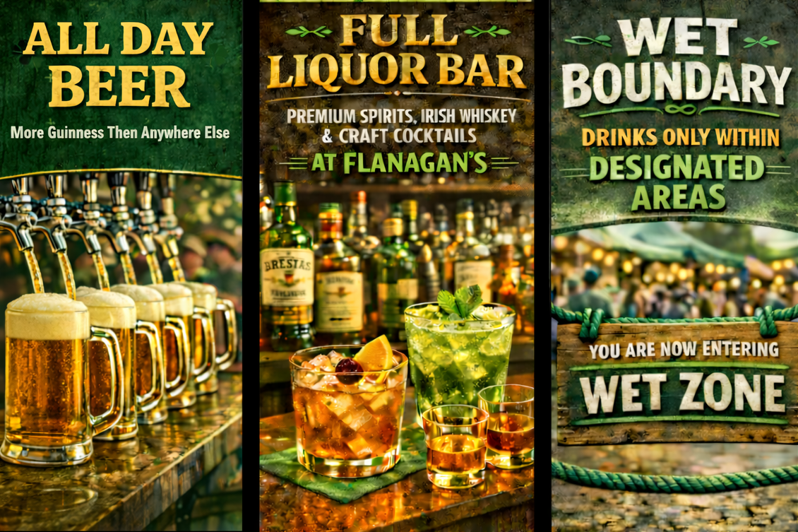 All Day Beer with Guinness on tap, Full Liquor Bar with premium spirits Irish whiskey and craft cocktails at Flanagan's, and Wet Boundary showing designated drink areas in the Wet Zone