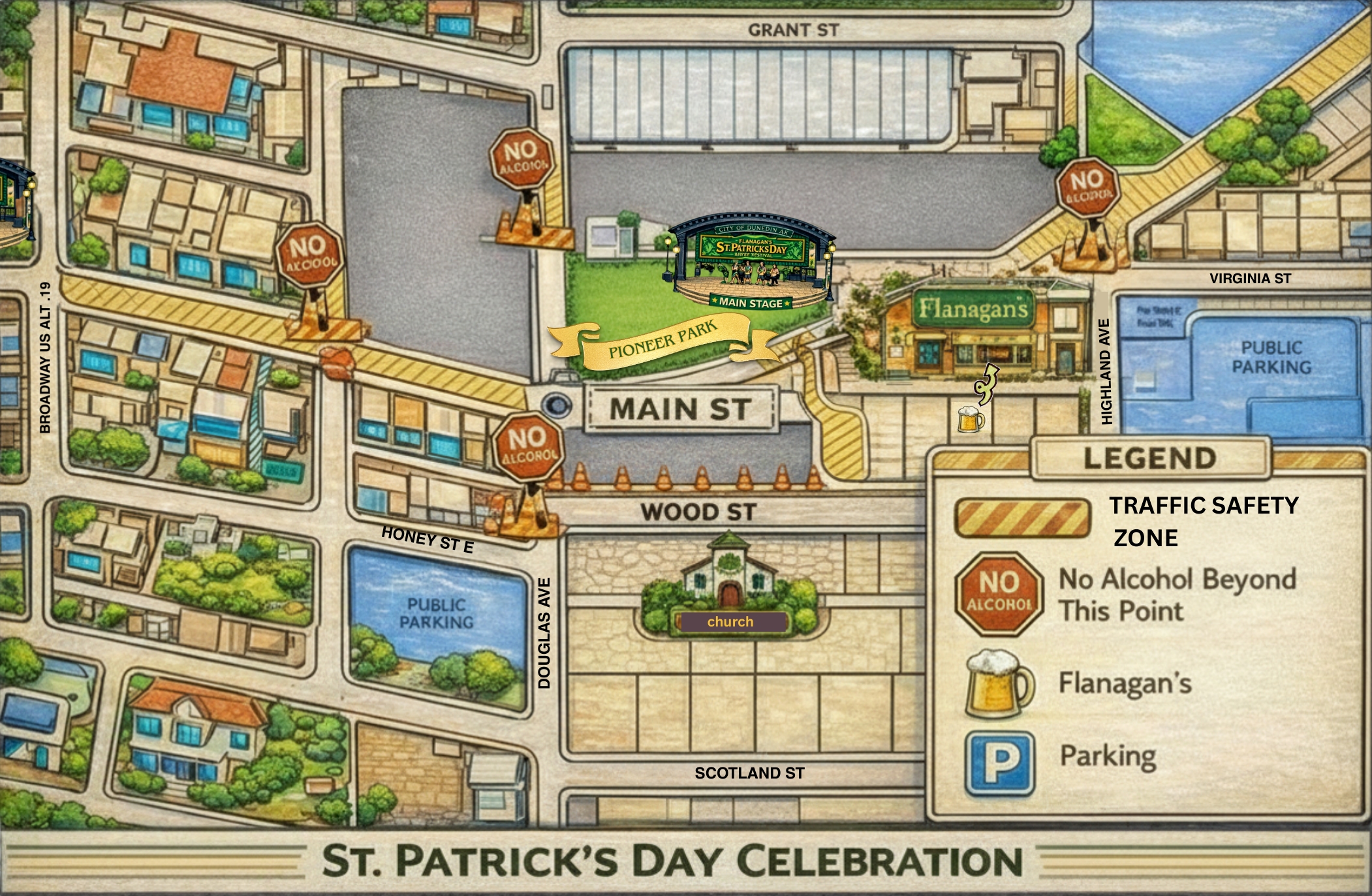 St. Patrick's Day Celebration Event Map showing Main Stage, Flanagan's Irish Pub, parking areas, no alcohol boundaries, and surrounding streets in Downtown Dunedin
